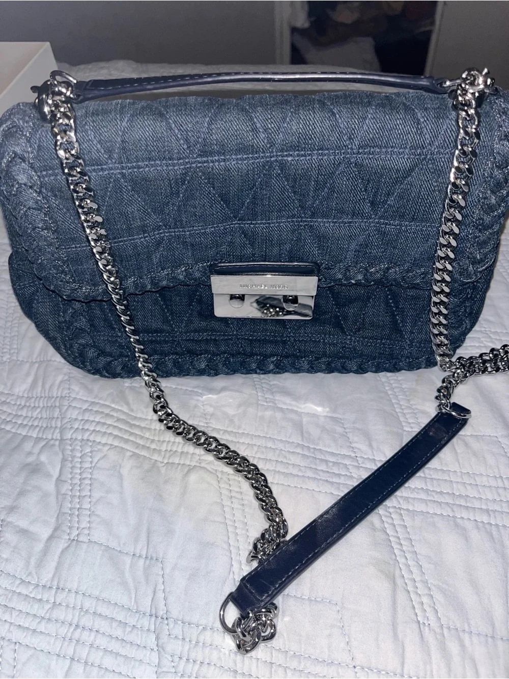 Michael Kors Quilted Denim Crossbody in Navy with Silver Chain
